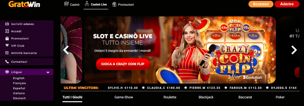 Homepage di GratoWin casinò